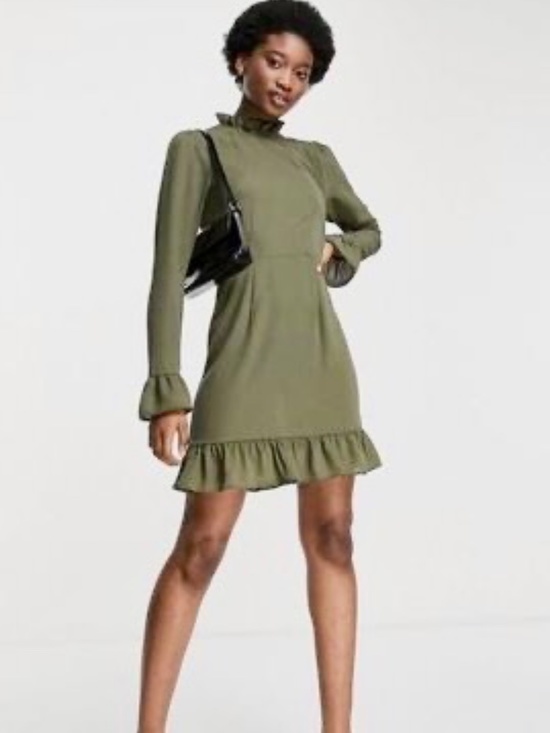 ASOS Dresses & Skirts - ASOS Olive Green High Neck Long Sleeve Mini Ruffle Dress Size 12